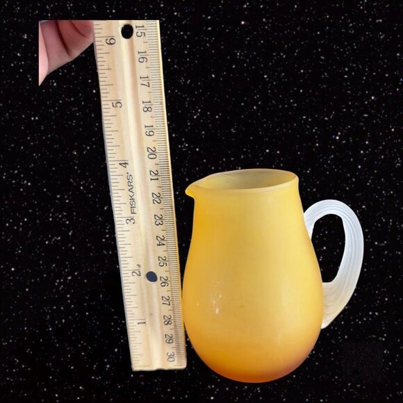 Hand Blown Art Glass Pitcher Creamer Amber Yellow Frosted W Clear Swirl Handle - Picture 7 of 12